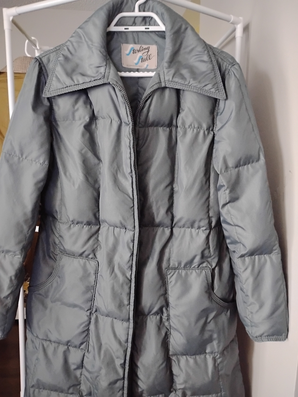 STERLING STALL Women's Light Gray Quilted Puffer Front Zipper Collar Long Jacket